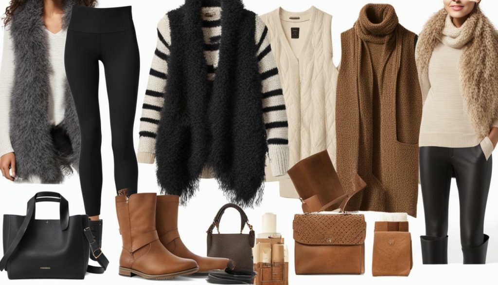 Leggings with tunic sweater and vest outfit image