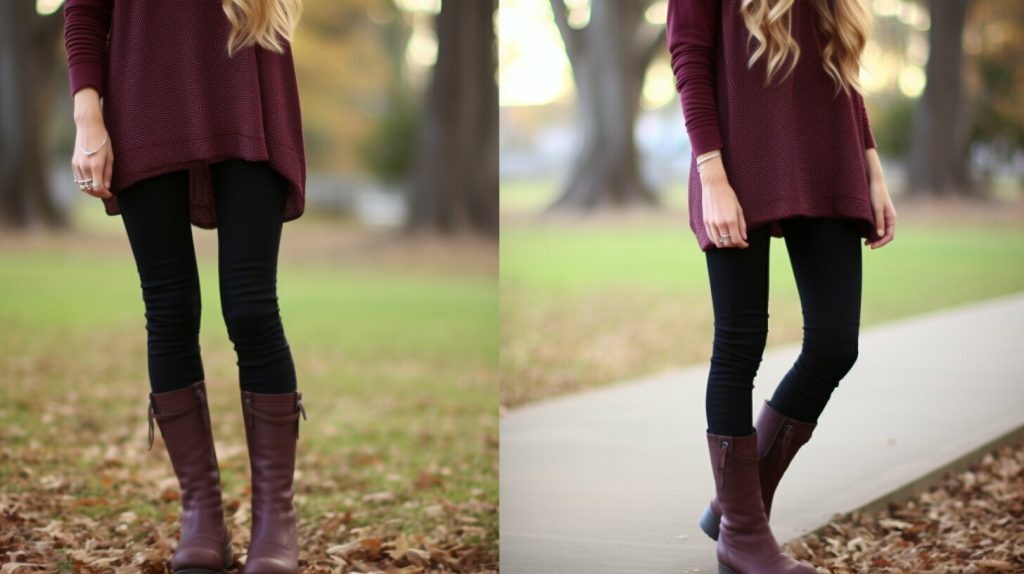 Maroon leggings paired with ankle boots