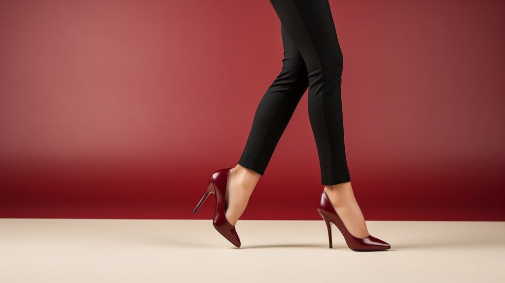 Maroon leggings paired with pumps