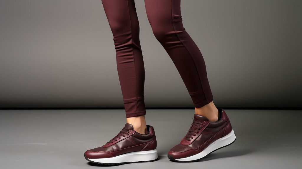 Maroon leggings paired with sneakers