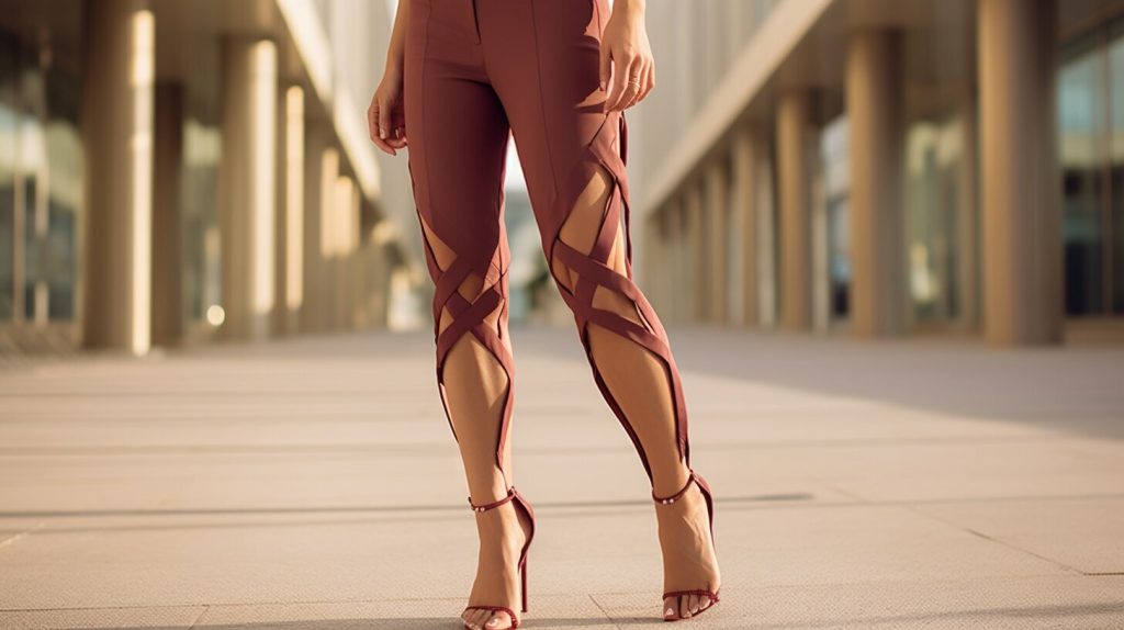 Maroon leggings paired with strappy sandals