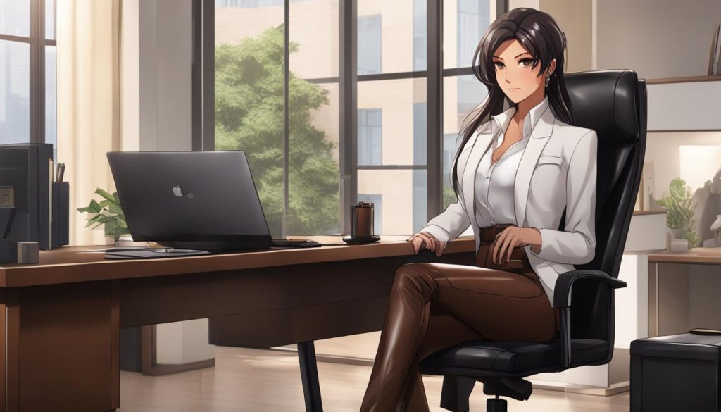 Stylish Woman Wearing Brown Leather Leggings in the Office