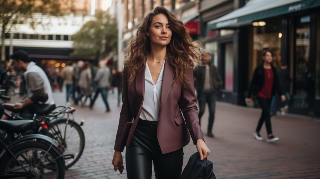 black blazer and white button-up shirt combination paired with burgundy leggings