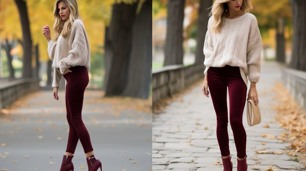 chunky sweater and velvet leggings in fall