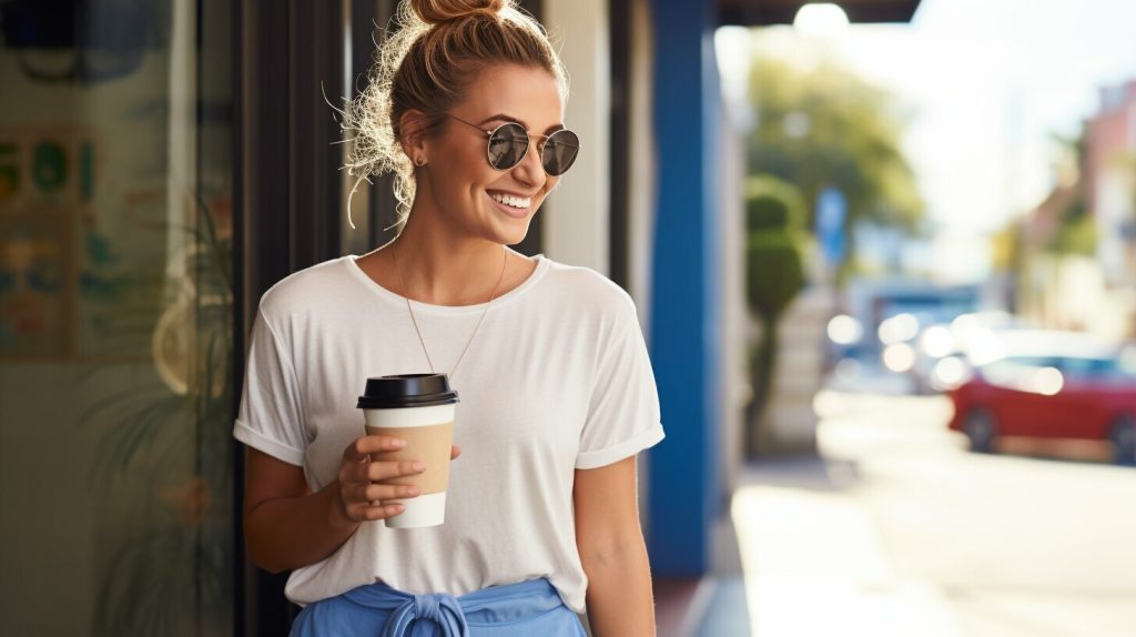 coffee run blue leggings outfit