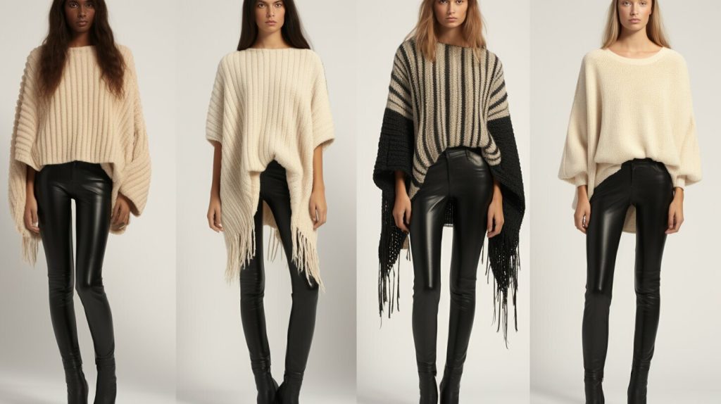 neutral sweaters and layered ponchos