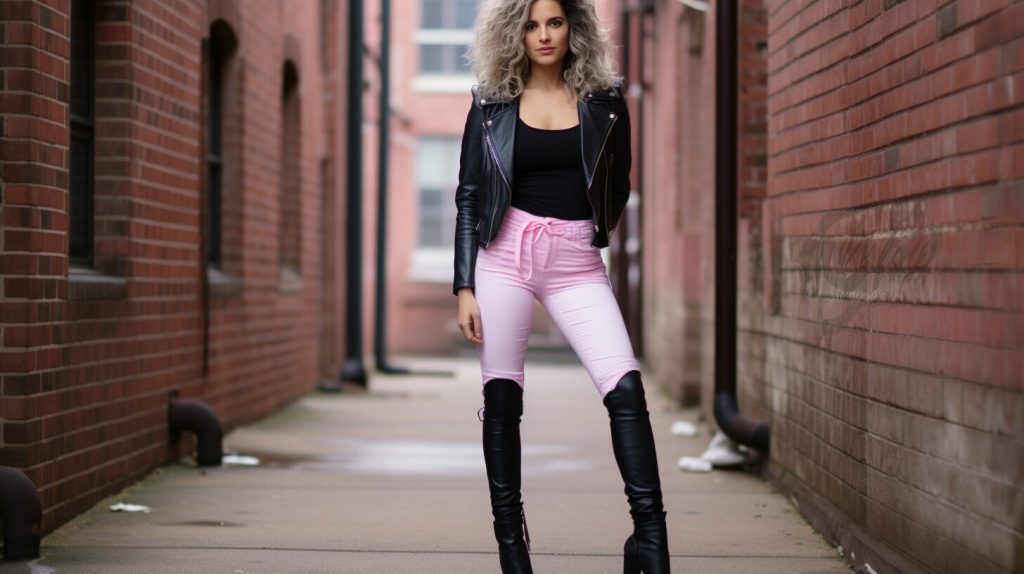 pink leggings with leather jacket