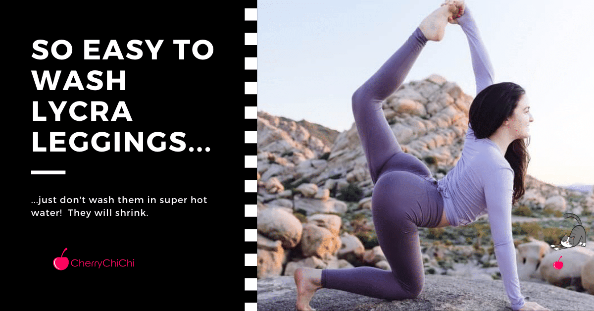 A woman doing a yoga pose outside in the mountains.   Lycra leggings are so easy to wash, just dont wash them in hot water or they will shrink!