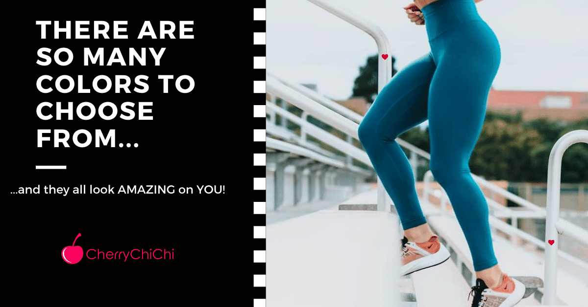 There are so many colors of leggings to choose from, and they all look amazing on you.  A woman running up stairs in beautiful teal colored lycra leggings.