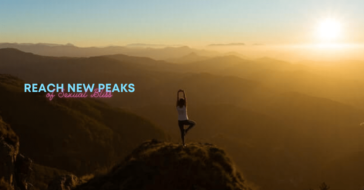 woman practising yoga on top of a mountain.