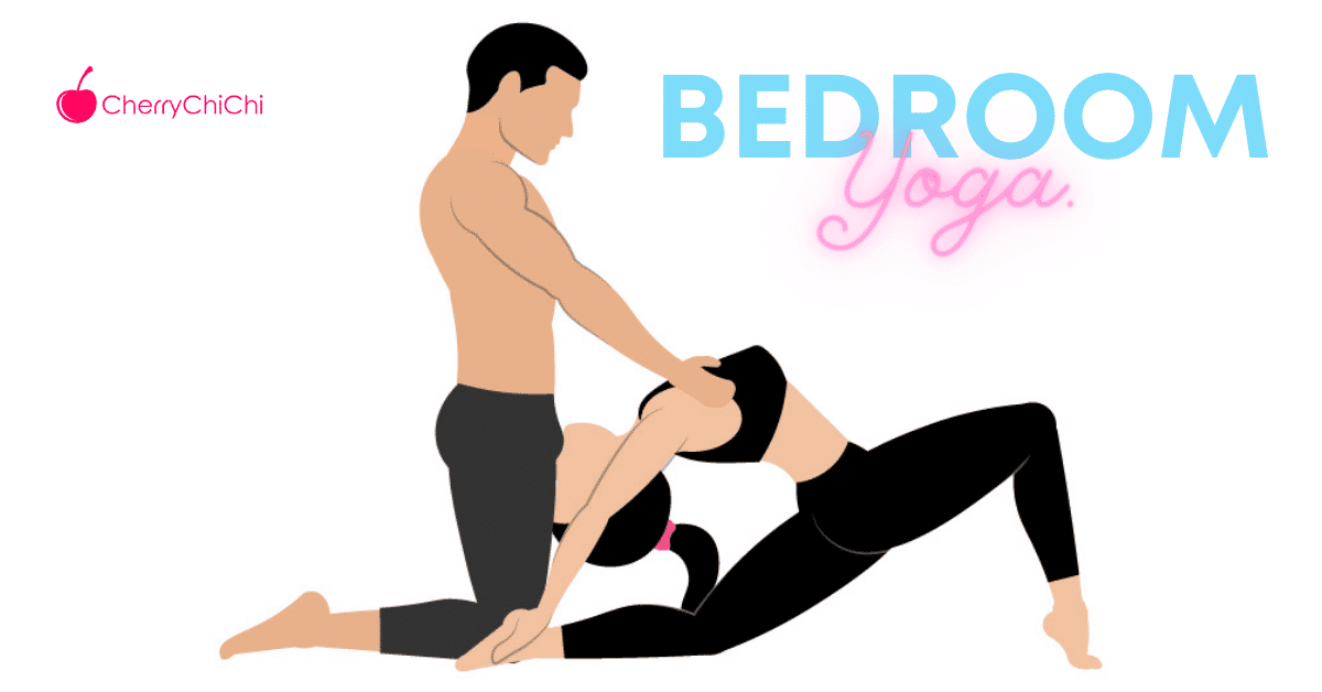 An advanced yoga sex position wearing yoga pants.