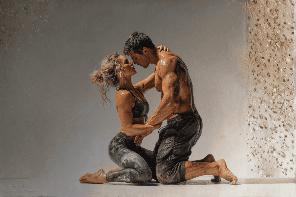 Couple in sexy yoga pants a hot couple playing and wrestling together - wearing sexy yoga pants